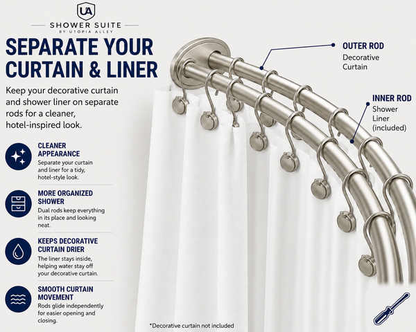 Shower Suite by Loft97 – DCR9XX Rustproof Aluminum Double Curved Shower Curtain Rod Combo Set with Liner & 24 Hooks, Adjustable 45–72 Inch Wall Mounted Dual Rod