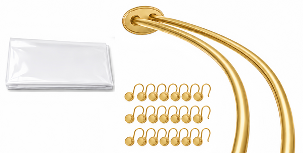 Shower Suite by Loft97 – DCR9XX Rustproof Aluminum Double Curved Shower Curtain Rod Combo Set with Liner & 24 Hooks, Adjustable 45–72 Inch Wall Mounted Dual Rod