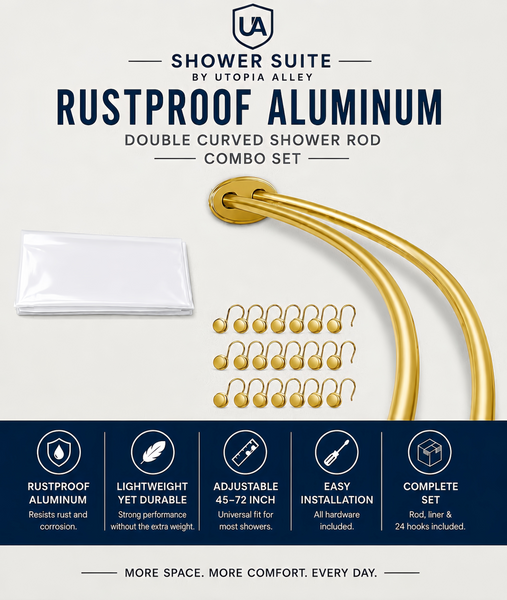 Shower Suite by Loft97 – DCR9XX Rustproof Aluminum Double Curved Shower Curtain Rod Combo Set with Liner & 24 Hooks, Adjustable 45–72 Inch Wall Mounted Dual Rod