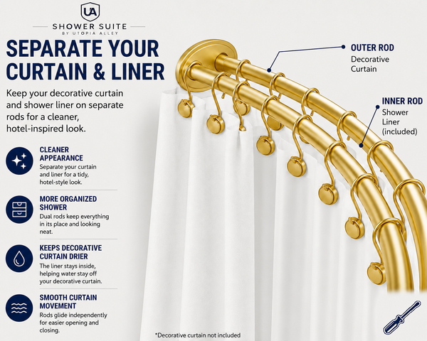 Shower Suite by Loft97 – DCR9XX Rustproof Aluminum Double Curved Shower Curtain Rod Combo Set with Liner & 24 Hooks, Adjustable 45–72 Inch Wall Mounted Dual Rod