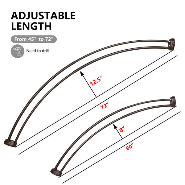 Loft97 DCR9XX Rustproof Wall Mounted Aluminum Double Curved Shower Curtain Rod, Screw Mount Rod, Stronger and More Secure Than Tension, Adjustable Double Shower Rod from 45" to 72", Expandable, Includes shower liner and shower hooks