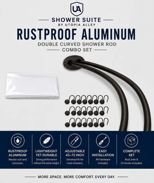 Shower Suite by Loft97 – DCR9XX Rustproof Aluminum Double Curved Shower Curtain Rod Combo Set with Liner & 24 Hooks, Adjustable 45–72 Inch Wall Mounted Dual Rod
