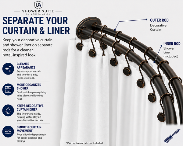 Shower Suite by Loft97 – DCR9XX Rustproof Aluminum Double Curved Shower Curtain Rod Combo Set with Liner & 24 Hooks, Adjustable 45–72 Inch Wall Mounted Dual Rod