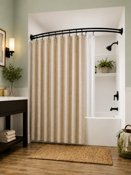 Shower Suite by Loft97 – DCR9XX Rustproof Aluminum Double Curved Shower Curtain Rod Combo Set with Liner & 24 Hooks, Adjustable 45–72 Inch Wall Mounted Dual Rod