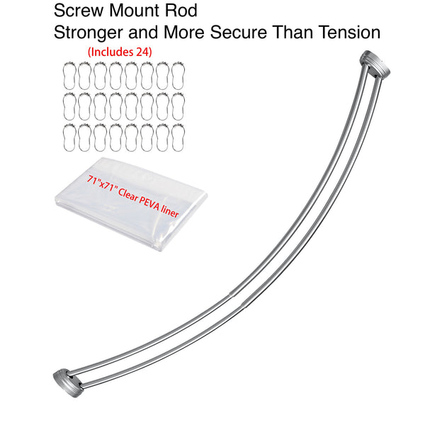 Loft97 DCR9XX Rustproof Wall Mounted Aluminum Double Curved Shower Curtain Rod, Screw Mount Rod, Stronger and More Secure Than Tension, Adjustable Double Shower Rod from 45" to 72", Expandable, Includes shower liner and shower hooks