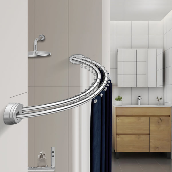 Loft97 DCR9XX Rustproof Wall Mounted Aluminum Double Curved Shower Curtain Rod, Screw Mount Rod, Stronger and More Secure Than Tension, Adjustable Double Shower Rod from 45" to 72", Expandable, Includes shower liner and shower hooks