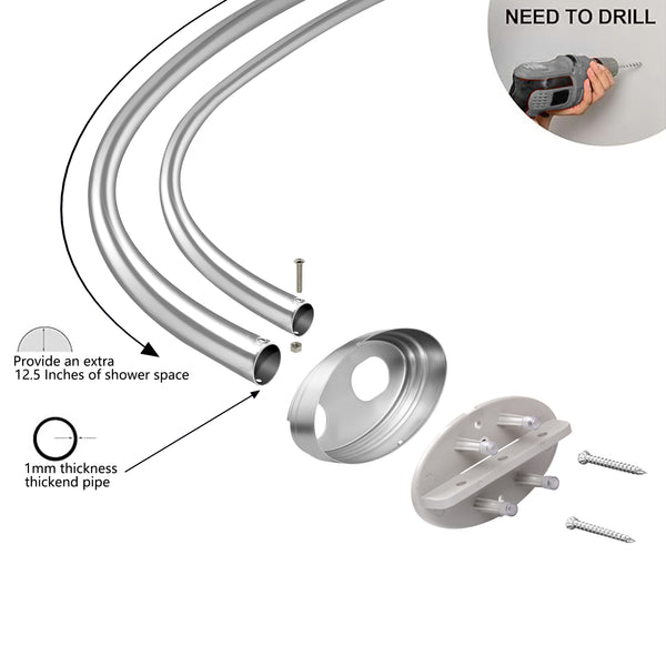 Loft97 DCR9XX Rustproof Wall Mounted Aluminum Double Curved Shower Curtain Rod, Screw Mount Rod, Stronger and More Secure Than Tension, Adjustable Double Shower Rod from 45" to 72", Expandable, Includes shower liner and shower hooks