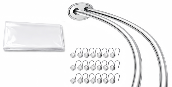Shower Suite by Loft97 – DCR9XX Rustproof Aluminum Double Curved Shower Curtain Rod Combo Set with Liner & 24 Hooks, Adjustable 45–72 Inch Wall Mounted Dual Rod