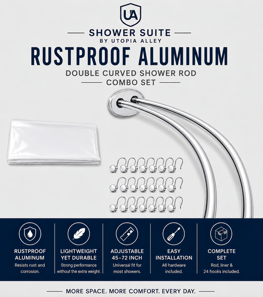 Shower Suite by Loft97 – DCR9XX Rustproof Aluminum Double Curved Shower Curtain Rod Combo Set with Liner & 24 Hooks, Adjustable 45–72 Inch Wall Mounted Dual Rod