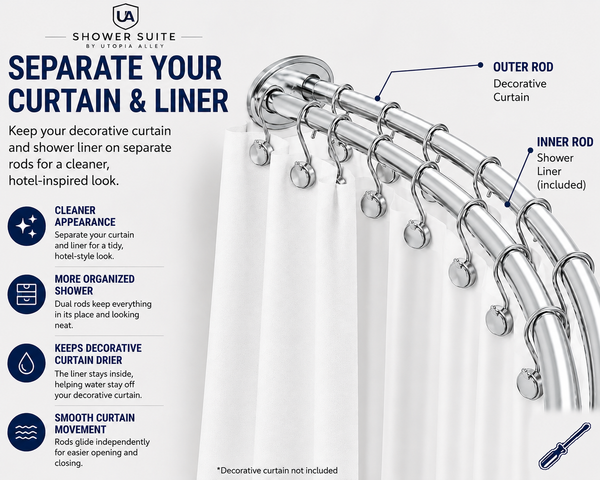 Shower Suite by Loft97 – DCR9XX Rustproof Aluminum Double Curved Shower Curtain Rod Combo Set with Liner & 24 Hooks, Adjustable 45–72 Inch Wall Mounted Dual Rod