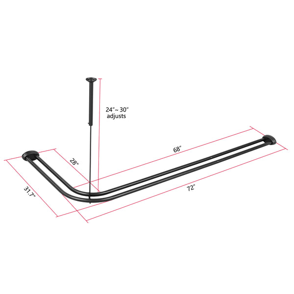 Loft97 DLR1XX Rustproof Aluminum Double L Shaped Shower Curtain Rod 72" L x 31.7" W,  with 24 Shower Hooks included  & Ceiling Support, Wall Mounted