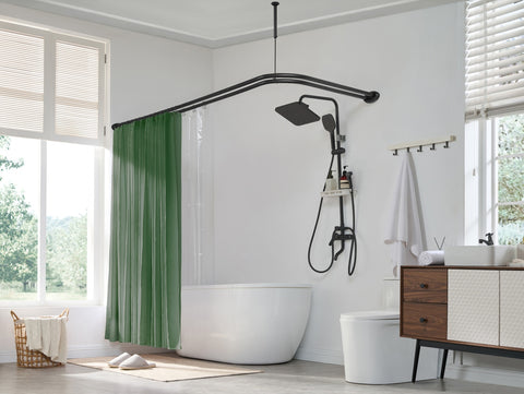 Loft97 DLR1XX Rustproof Wall Mounted Aluminum Double L Shaped Shower Curtain Rod 72" L x 31.7" W,  with 24 Shower Liner Hooks for interior rod included  & Ceiling Support , Wall Mounted