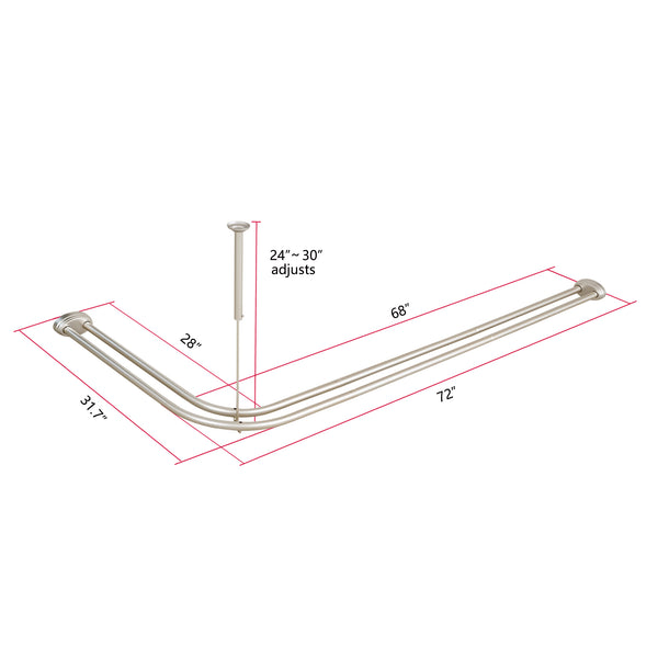 Loft97 DLR1XX Rustproof Aluminum Double L Shaped Shower Curtain Rod 72" L x 31.7" W,  with 24 Shower Hooks included  & Ceiling Support, Wall Mounted