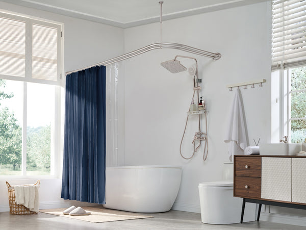 Loft97 DLR1XX Rustproof Wall Mounted Aluminum Double L Shaped Shower Curtain Rod 72" L x 31.7" W,  with 24 Shower Liner Hooks for interior rod included  & Ceiling Support , Wall Mounted