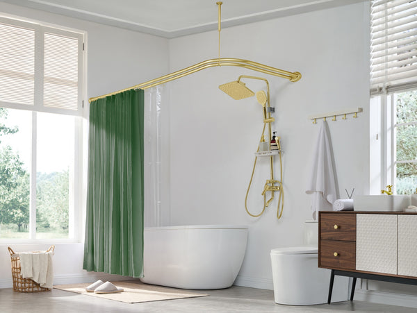 Loft97 DLR1XX Rustproof Wall Mounted Aluminum Double L Shaped Shower Curtain Rod 72" L x 31.7" W,  with 24 Shower Liner Hooks for interior rod included  & Ceiling Support , Wall Mounted