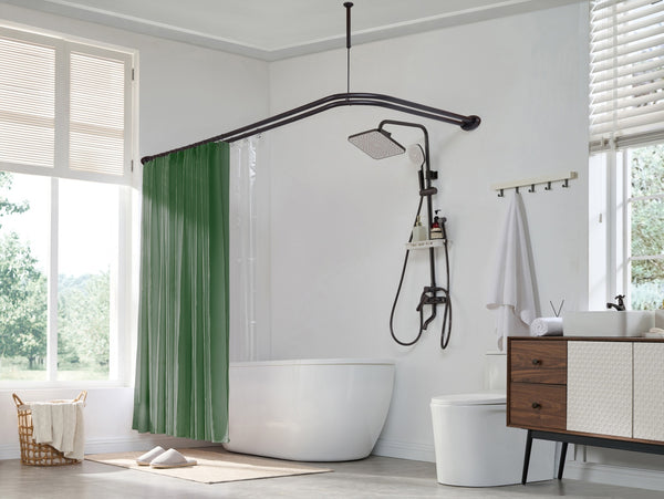 Loft97 DLR1XX Rustproof Wall Mounted Aluminum Double L Shaped Shower Curtain Rod 72" L x 31.7" W,  with 24 Shower Liner Hooks for interior rod included  & Ceiling Support , Wall Mounted