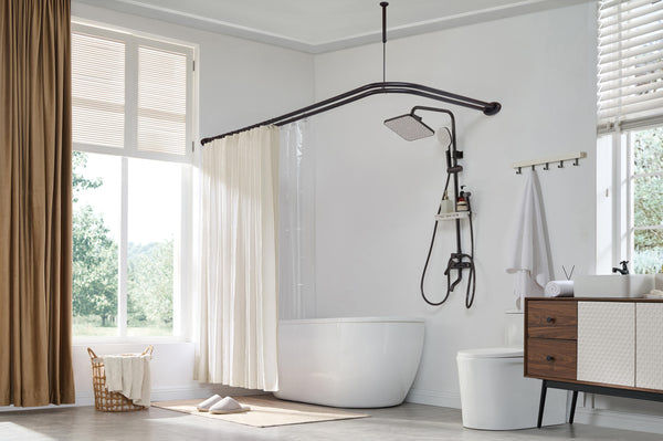 Loft97 DLR1XX Rustproof Aluminum Double L Shaped Shower Curtain Rod 72" L x 31.7" W,  with 24 Shower Liner Hooks for interior rod included  & Ceiling Support , Wall Mounted
