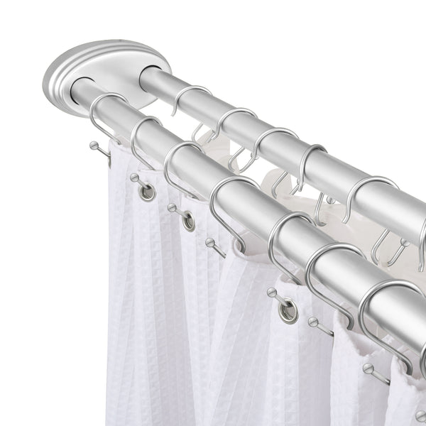 Loft97 DLR1XX Rustproof Aluminum Double L Shaped Shower Curtain Rod 72" L x 31.7" W,  with 24 Shower Hooks included  & Ceiling Support, Wall Mounted