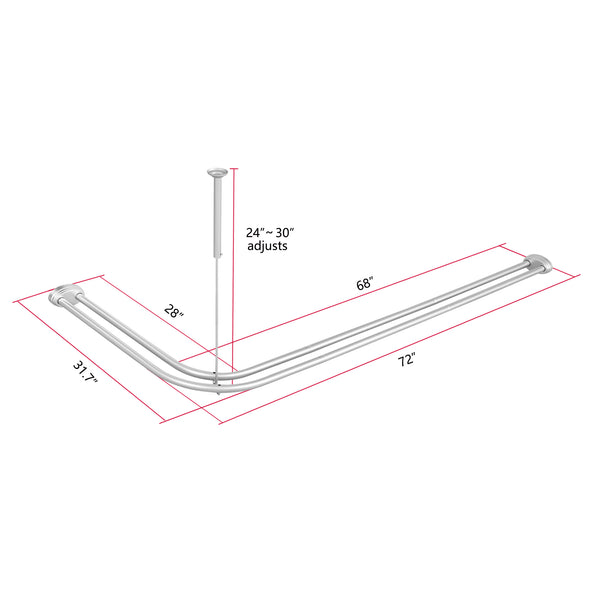 Loft97 DLR1XX Rustproof Aluminum Double L Shaped Shower Curtain Rod 72" L x 31.7" W,  with 24 Shower Hooks included  & Ceiling Support, Wall Mounted