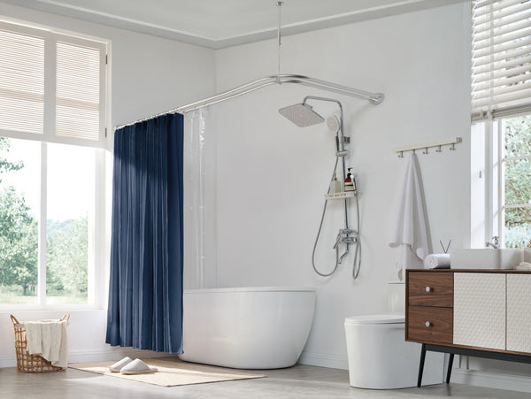 Loft97 DLR1XX Rustproof Wall Mounted Aluminum Double L Shaped Shower Curtain Rod 72" L x 31.7" W,  with 24 Shower Liner Hooks for interior rod included  & Ceiling Support , Wall Mounted