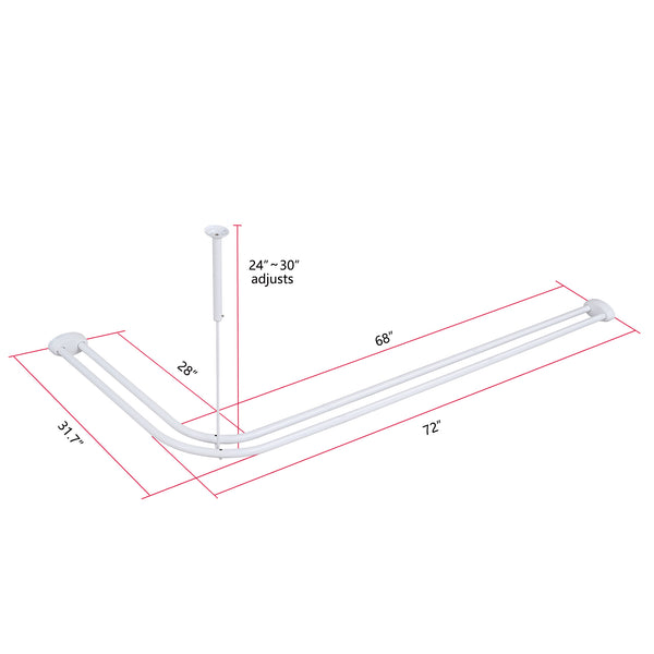 Loft97 DLR1XX Rustproof Aluminum Double L Shaped Shower Curtain Rod 72" L x 31.7" W,  with 24 Shower Hooks included  & Ceiling Support, Wall Mounted