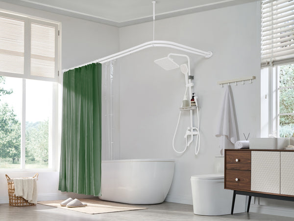 Loft97 DLR1XX Rustproof Wall Mounted Aluminum Double L Shaped Shower Curtain Rod 72" L x 31.7" W,  with 24 Shower Liner Hooks for interior rod included  & Ceiling Support , Wall Mounted