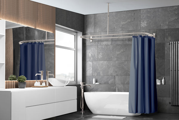Loft97 DR9XX Rustproof Wall Mounted Aluminum D-shape Shower Curtain Rods With Ceiling Support for Freestanding Tubs, 60 Inch Large Size by 25 Inch, with White Shower curtain 180x70 inch