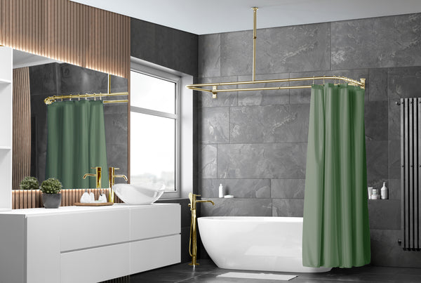 Loft97 DR9XX Rustproof Wall Mounted Aluminum D-shape Shower Curtain Rods With Ceiling Support for Freestanding Tubs, 60 Inch Large Size by 25 Inch, with White Shower curtain 180x70 inch