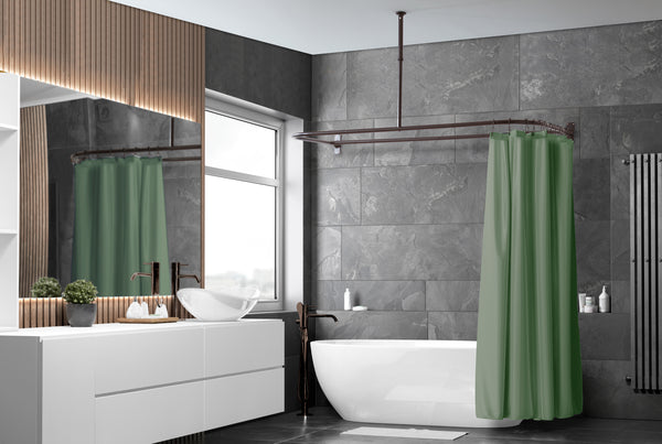 Loft97 DR9XX Rustproof Wall Mounted Aluminum D-shape Shower Curtain Rods With Ceiling Support for Freestanding Tubs, 60 Inch Large Size by 25 Inch, with White Shower curtain 180x70 inch