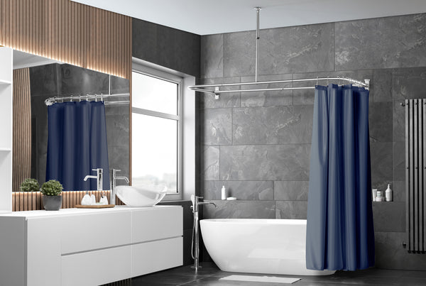 Loft97 DR9XX Rustproof Wall Mounted Aluminum D-shape Shower Curtain Rods With Ceiling Support for Freestanding Tubs, 60 Inch Large Size by 25 Inch, with White Shower curtain 180x70 inch