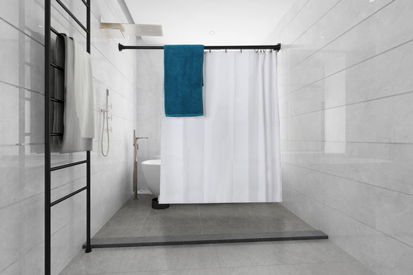 Loft97 DS9XX Adjustable 72-Inch Double Shower Curtain Rods - Rust-Proof Aluminum with  Rubber End Cap, Easy Installation - Extendable, Ideal for Bathroom, Retractable, Wall-to-Wall - No Drilling, Includes shower rings and shower liner