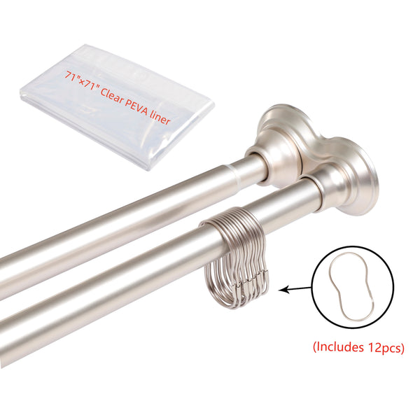 Loft97 DS9XX Adjustable 72-Inch Double Shower Curtain Tension Rods - Rust-Proof Aluminum with  Rubber End Cap, Easy Installation - Extendable, Ideal for Bathroom, Retractable, Wall-to-Wall - No Drilling, Includes shower rings and shower liner