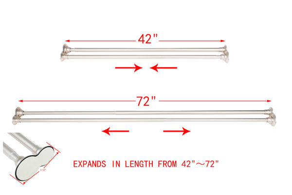 Loft97 DS9XX Adjustable 72-Inch Double Shower Curtain Tension Rods - Rust-Proof Aluminum with  Rubber End Cap, Easy Installation - Extendable, Ideal for Bathroom, Retractable, Wall-to-Wall - No Drilling, Includes shower rings and shower liner