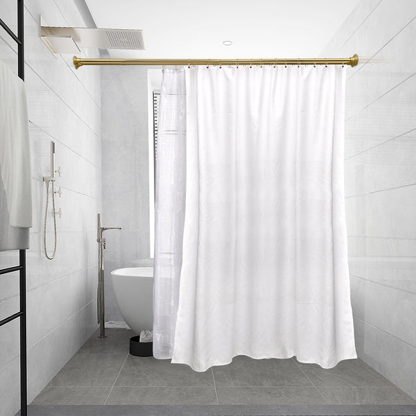 Loft97 DS9XX Adjustable 72-Inch Double Shower Curtain Rods - Rust-Proof Aluminum with  Rubber End Cap, Easy Installation - Extendable, Ideal for Bathroom, Retractable, Wall-to-Wall - No Drilling, Includes shower rings and shower liner