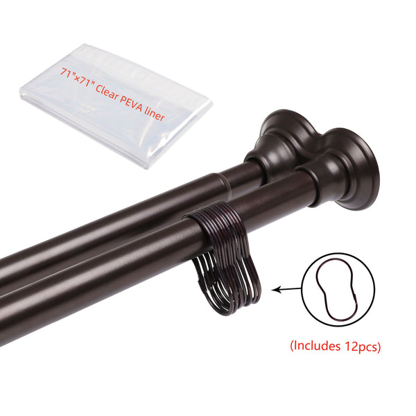 Loft97 DS9XX Adjustable 72-Inch Double Shower Curtain Tension Rods - Rust-Proof Aluminum with  Rubber End Cap, Easy Installation - Extendable, Ideal for Bathroom, Retractable, Wall-to-Wall - No Drilling, Includes shower rings and shower liner
