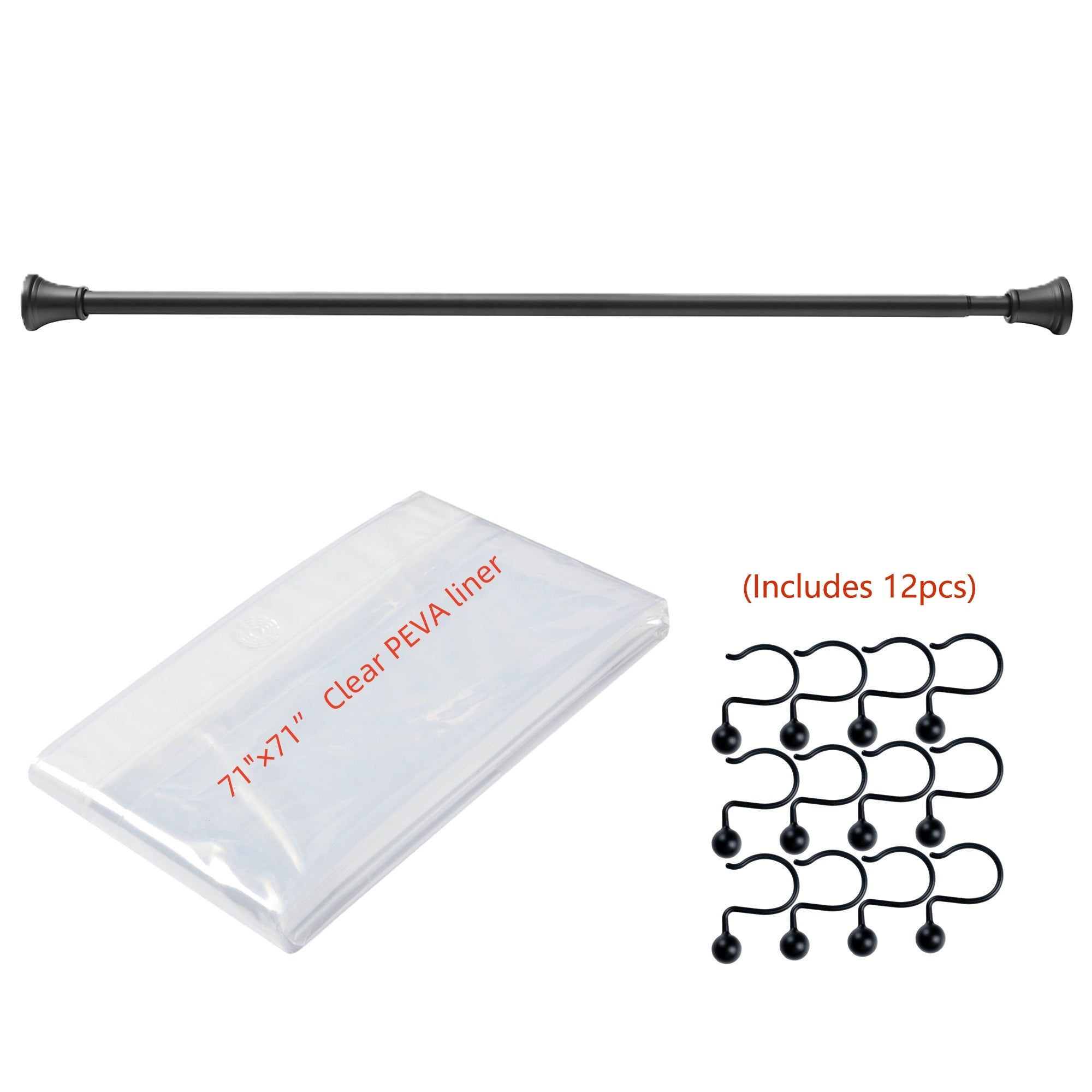 Loft97 FH72XX Adjustable 72-Inch Shower Curtain Tension Rod - Rust-Proof Aluminum with Rubber End Cap, No Drill Installation - Extendable, Ideal for Bathroom, Retractable, Wall-to-Wall - Easy to Hang, Included PEVA Shower liner and shower hooks
