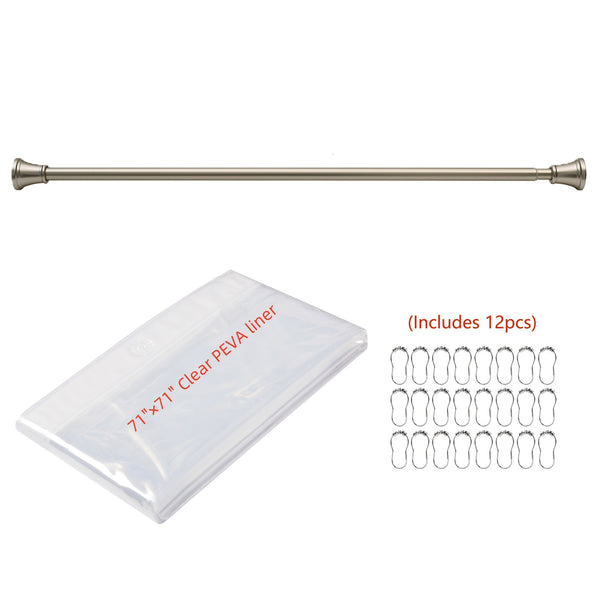 Loft97 FH72XX Adjustable 72-Inch Shower Curtain Tension Rod - Rust-Proof Aluminum with Rubber End Cap, No Drill Installation - Extendable, Ideal for Bathroom, Retractable, Wall-to-Wall - Easy to Hang, Included PEVA Shower liner and shower hooks