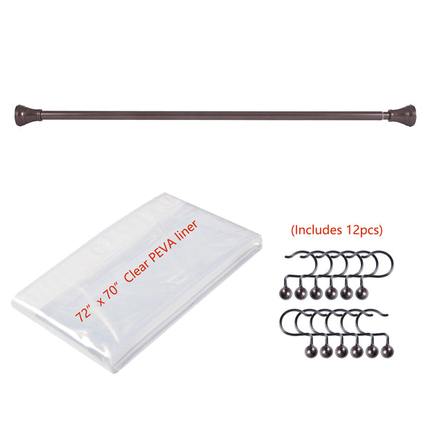Loft97 FH72XX Adjustable 72-Inch Shower Curtain Tension Rod - Rust-Proof Aluminum with Rubber End Cap, No Drill Installation - Extendable, Ideal for Bathroom, Retractable, Wall-to-Wall - Easy to Hang, Included PEVA Shower liner and shower hooks