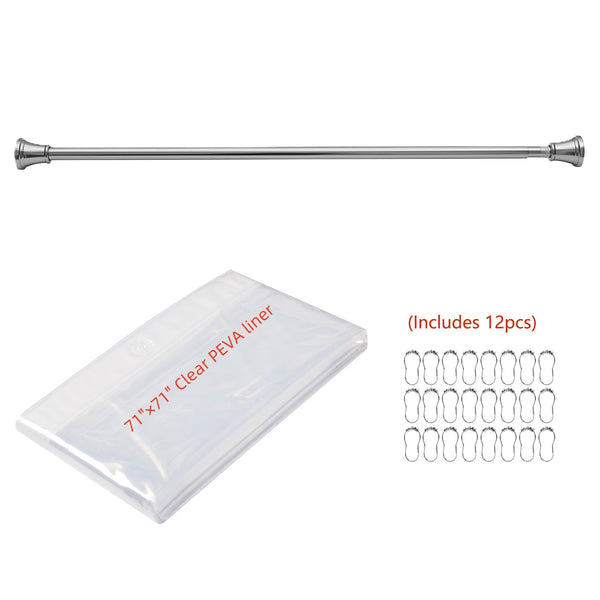 Loft97 FH72XX Adjustable 72-Inch Shower Curtain Tension Rod - Rust-Proof Aluminum with Rubber End Cap, No Drill Installation - Extendable, Ideal for Bathroom, Retractable, Wall-to-Wall - Easy to Hang, Included PEVA Shower liner and shower hooks