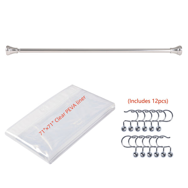 Loft97 FH72XX Adjustable 72-Inch Shower Curtain Tension Rod - Rust-Proof Aluminum with Rubber End Cap, No Drill Installation - Extendable, Ideal for Bathroom, Retractable, Wall-to-Wall - Easy to Hang, Included PEVA Shower liner and shower hooks