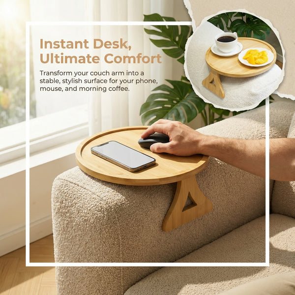 Loft97 FT01NT 11" Bamboo Couch Arm Tray Table, Foldable Sofa Side Tray for Drinks, Snacks, Phone & Remote, Non-Slip Space-Saving Home Essential