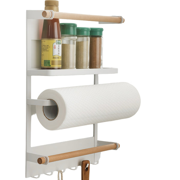Loft97 FT02WW 13.4" Magnetic Refrigerator Organizer Shelf, White Kitchen Storage Rack with Wooden Accents, Paper Towel Holder, Hooks & Hanging Poles for Spices & Accessories