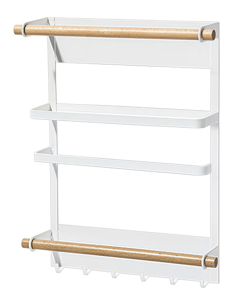 Loft97 FT02WW 13.4" Magnetic Refrigerator Organizer Shelf, White Kitchen Storage Rack with Wooden Accents, Paper Towel Holder, Hooks & Hanging Poles for Spices & Accessories