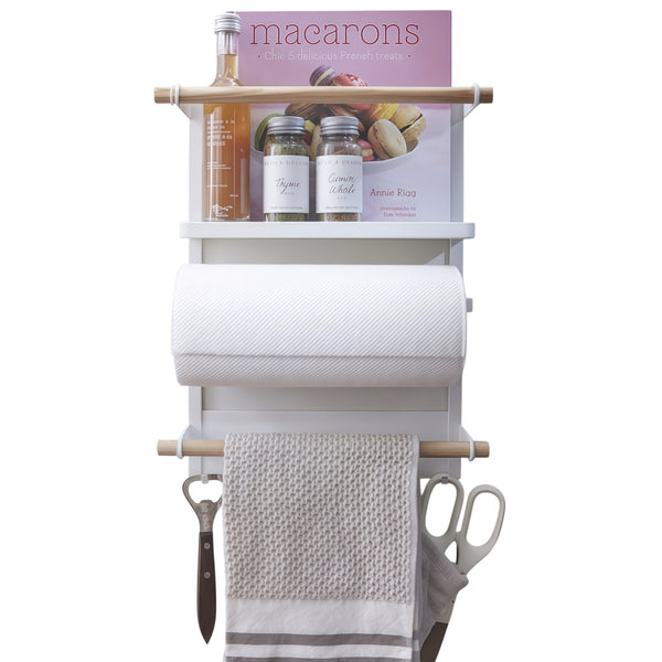 Loft97 FT02WW 13.4" Magnetic Refrigerator Organizer Shelf, White Kitchen Storage Rack with Wooden Accents, Paper Towel Holder, Hooks & Hanging Poles for Spices & Accessories