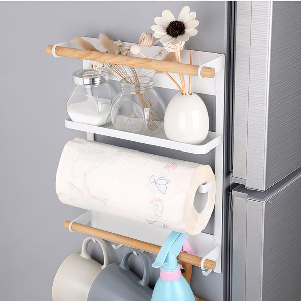 Loft97 FT02WW 13.4" Magnetic Refrigerator Organizer Shelf, White Kitchen Storage Rack with Wooden Accents, Paper Towel Holder, Hooks & Hanging Poles for Spices & Accessories
