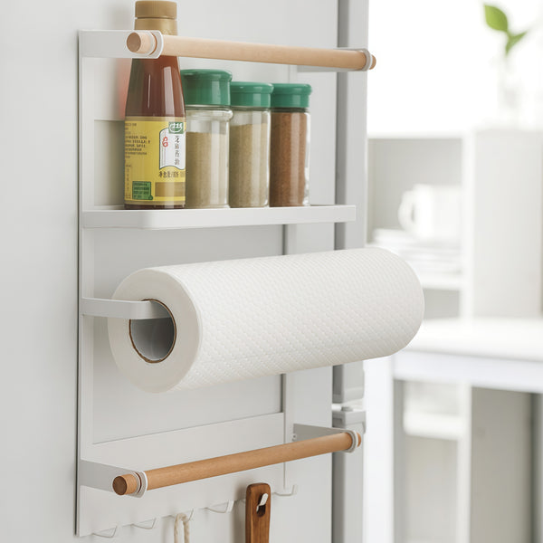 Loft97 FT02WW 13.4" Magnetic Refrigerator Organizer Shelf, White Kitchen Storage Rack with Wooden Accents, Paper Towel Holder, Hooks & Hanging Poles for Spices & Accessories