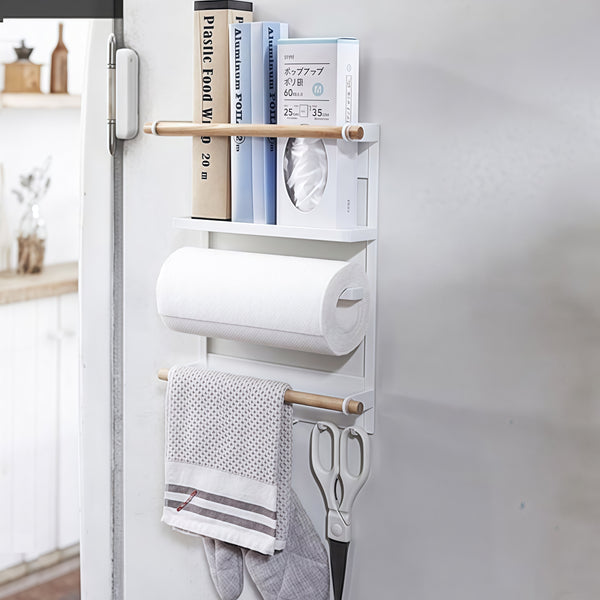 Loft97 FT02WW 13.4" Magnetic Refrigerator Organizer Shelf, White Kitchen Storage Rack with Wooden Accents, Paper Towel Holder, Hooks & Hanging Poles for Spices & Accessories
