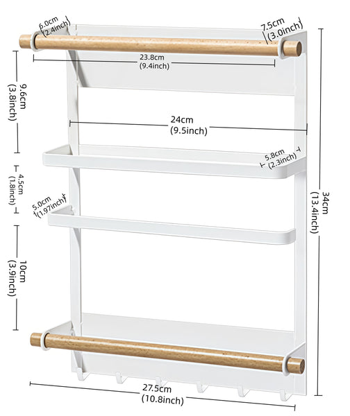 Loft97 FT02WW 13.4" Magnetic Refrigerator Organizer Shelf, White Kitchen Storage Rack with Wooden Accents, Paper Towel Holder, Hooks & Hanging Poles for Spices & Accessories