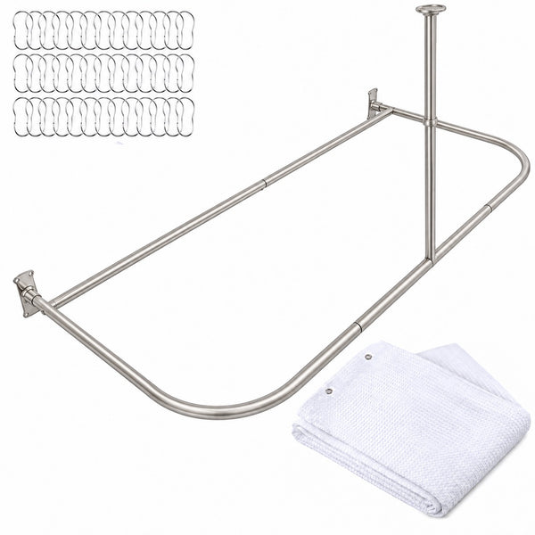 Shower Suites DR9XX By Loft97 D-Shaped Shower Curtain Rod for Freestanding Tubs - Complete Shower Solution with Extra-Long Fabric Shower Curtain & 36 Hooks, Rustproof Aluminum, 60" x 25"