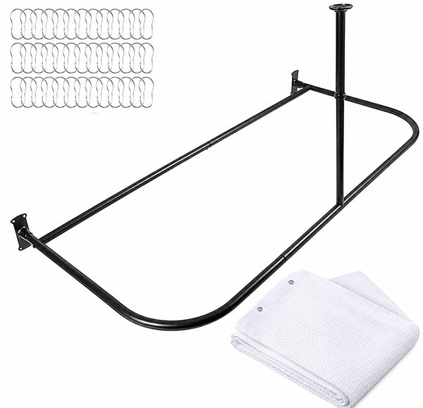 Shower Suites DR9XX By Loft97 D-Shaped Shower Curtain Rod for Freestanding Tubs - Complete Shower Solution with Extra-Long Fabric Shower Curtain & 36 Hooks, Rustproof Aluminum, 60" x 25"